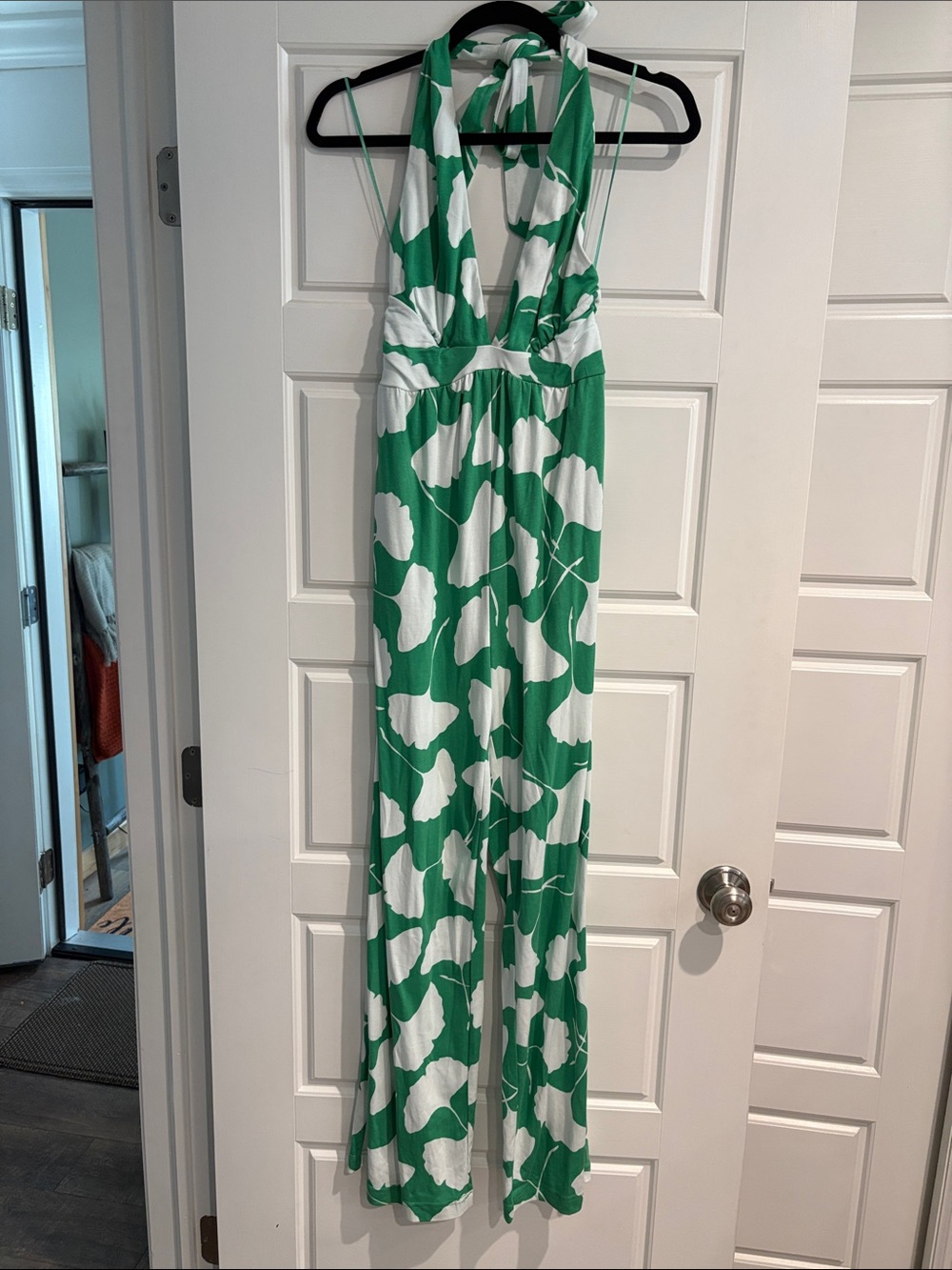 Diane Von Furstenberg Green and White Halter Jumpsuit with Abstract Print